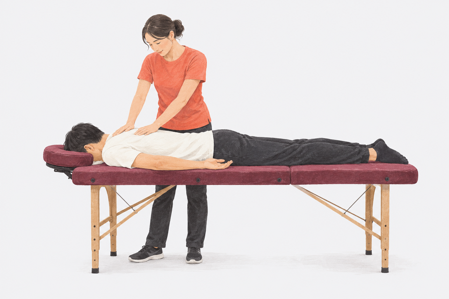 ベッドに横たわるお客様の肩をケアする施術者