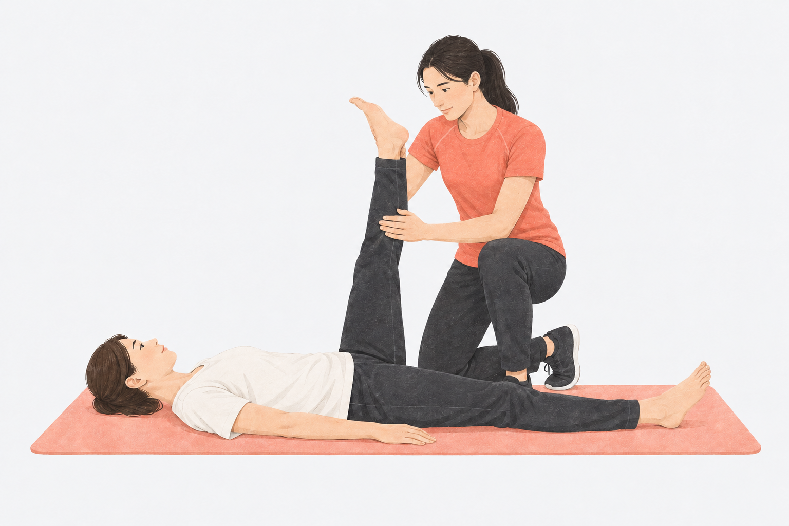 仰向けのお客様の脚を支えるストレッチトレーナー